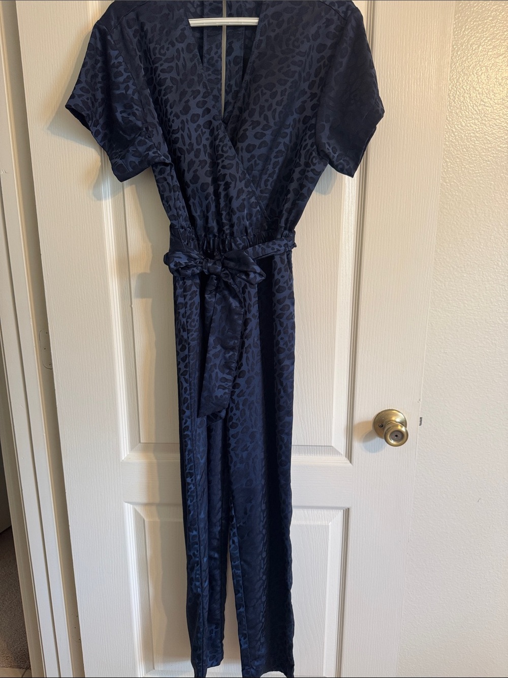Express Navy Satin Animal-Print Jumpsuit with Self-Tie Belt